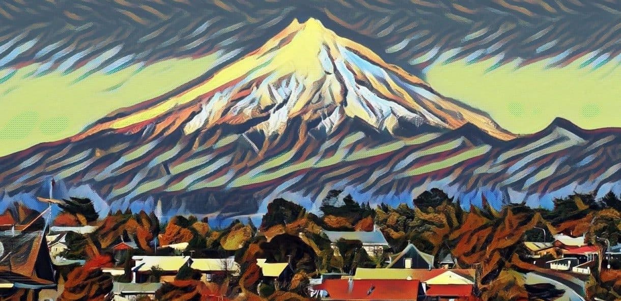 Artistic photo of Mt Taranaki taken from a residential area